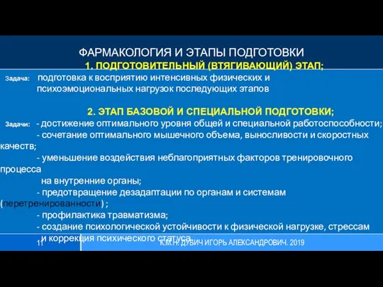 ФАРМАКОЛОГИЯ И ЭТАПЫ ПОДГОТОВКИ 1. ПОДГОТОВИТЕЛЬНЫЙ (ВТЯГИВАЮЩИЙ) ЭТАП; Задача: подготовка к