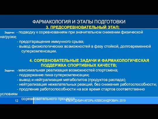 ФАРМАКОЛОГИЯ И ЭТАПЫ ПОДГОТОВКИ 3. ПРЕДСОРЕВНОВАТЕЛЬНЫЙ ЭТАП; Задачи: - подводку к