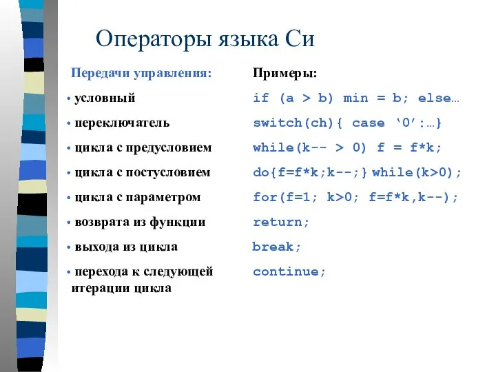 Операторы языка Си Передачи управления: условный переключатель цикла с предусловием цикла