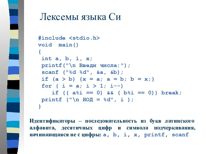 Лексемы языка Си Идентификаторы – последовательность из букв латинского алфавита, десятичных