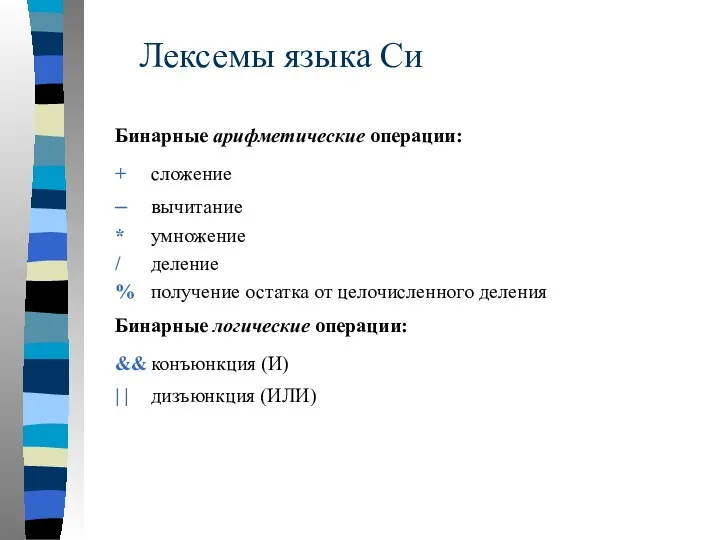 Лексемы языка Си Бинарные арифметические операции: + сложение – вычитание *