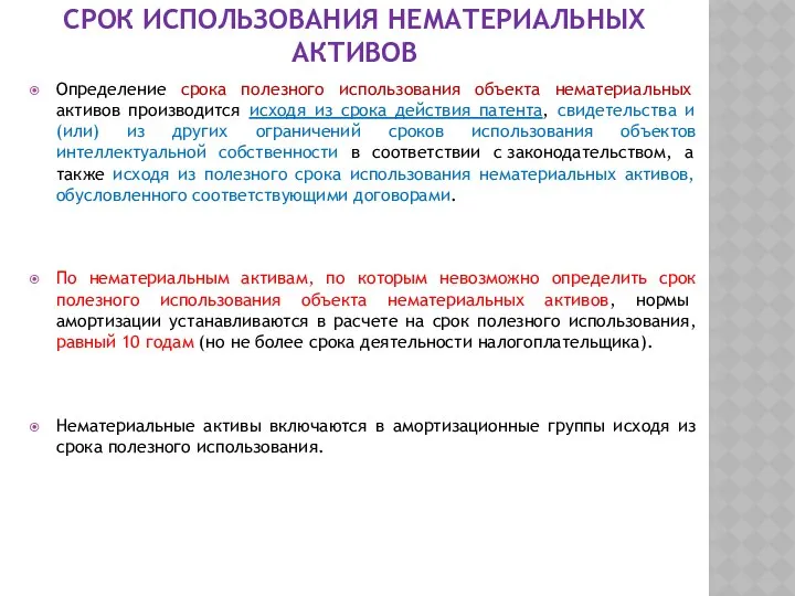 СРОК ИСПОЛЬЗОВАНИЯ НЕМАТЕРИАЛЬНЫХ АКТИВОВ Определение срока полезного использования объекта нематериальных активов