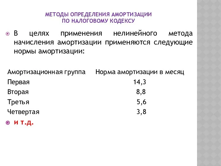 МЕТОДЫ ОПРЕДЕЛЕНИЯ АМОРТИЗАЦИИ ПО НАЛОГОВОМУ КОДЕКСУ В целях применения нелинейного метода