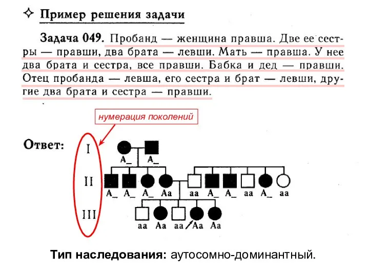 Тип наследования: аутосомно-доминантный. нумерация поколений