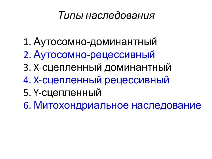 Типы наследования 1. Аутосомно-доминантный 2. Аутосомно-рецессивный 3. X-сцепленный доминантный 4. X-сцепленный