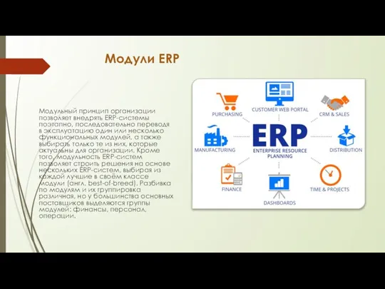 Модули ERP Модульный принцип организации позволяет внедрять ERP-системы поэтапно, последовательно переводя