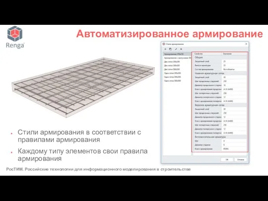 Стили армирования в соответствии с правилами армирования Каждому типу элементов свои правила армирования Автоматизированное армирование