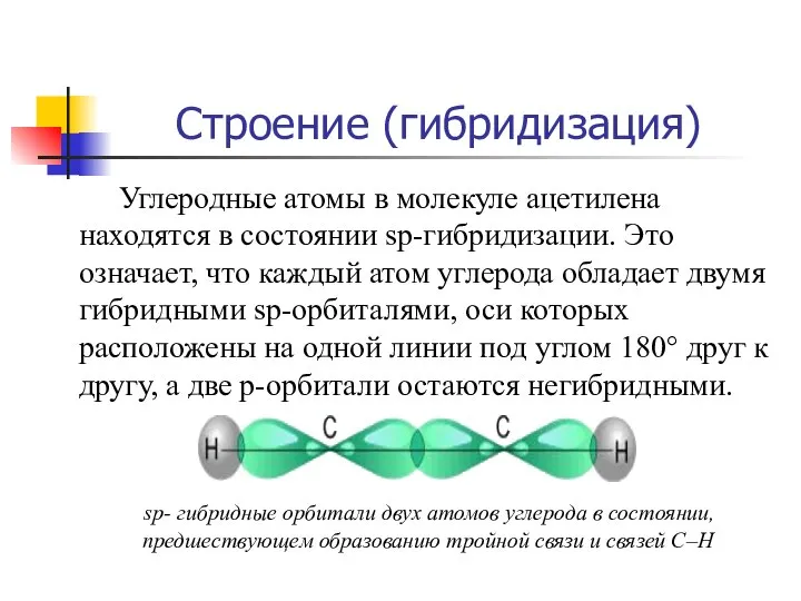 Строение (гибридизация) Углеродные атомы в молекуле ацетилена находятся в состоянии sp-гибридизации.