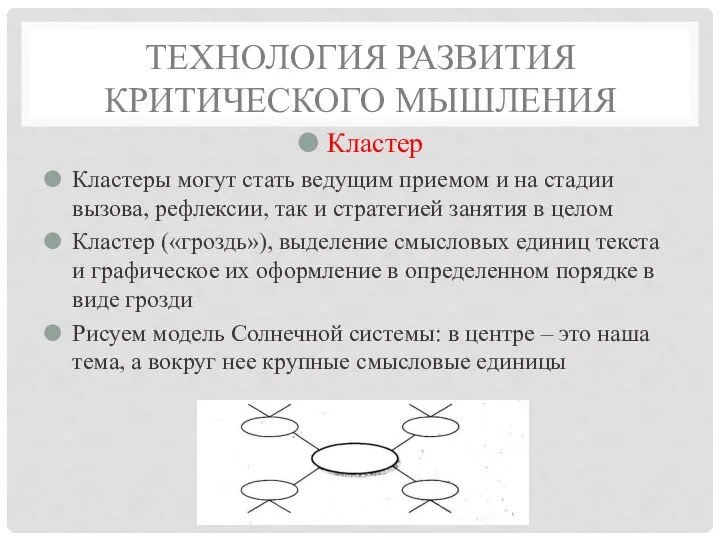 ТЕХНОЛОГИЯ РАЗВИТИЯ КРИТИЧЕСКОГО МЫШЛЕНИЯ Кластер Кластеры могут стать ведущим приемом и