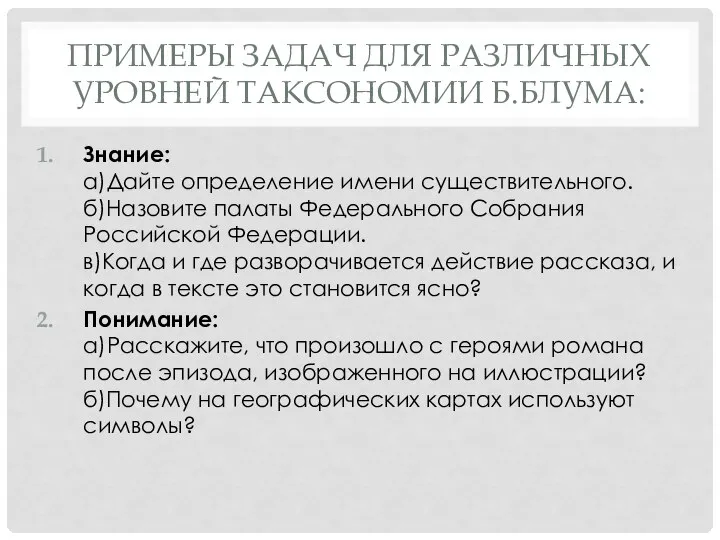 ПРИМЕРЫ ЗАДАЧ ДЛЯ РАЗЛИЧНЫХ УРОВНЕЙ ТАКСОНОМИИ Б.БЛУМА: Знание: а)Дайте определение имени