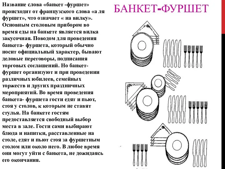 БАНКЕТ-ФУРШЕТ Название слова «банкет -фуршет» происходит от французского слова «а ля