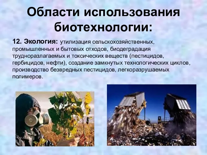 Области использования биотехнологии: 12. Экология: утилизация сельскохозяйственных, промышленных и бытовых отходов,