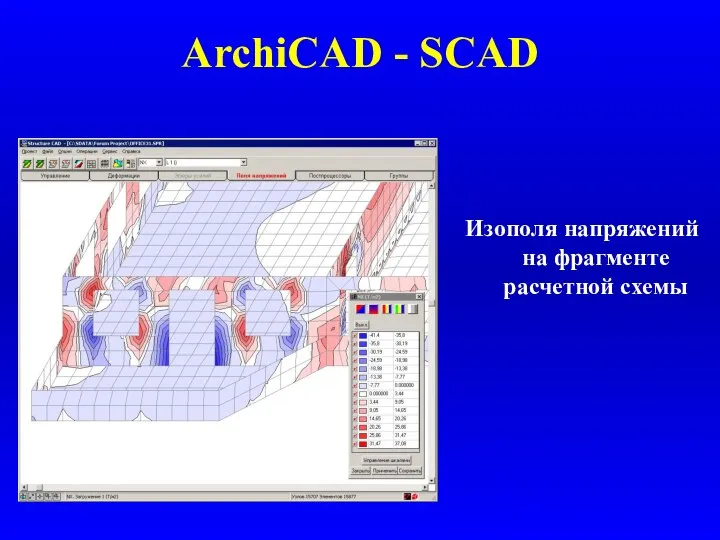 ArchiCAD - SCAD Изополя напряжений на фрагменте расчетной схемы