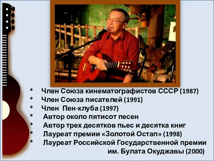 * Член Союза кинематографистов СССР (1987) * Член Союза писателей (1991)