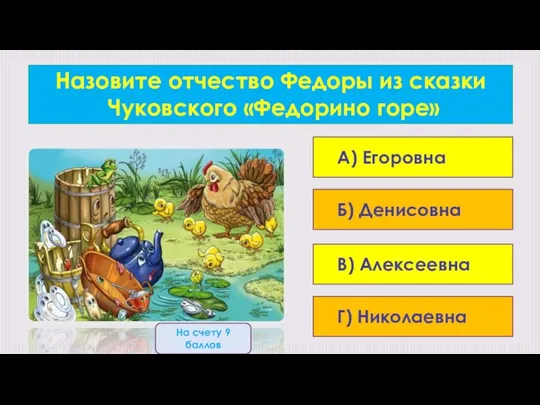 Назовите отчество Федоры из сказки Чуковского «Федорино горе» А) Егоровна Б)