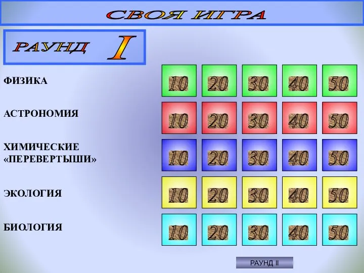 СВОЯ ИГРА 10 20 30 40 50 10 20 30 40