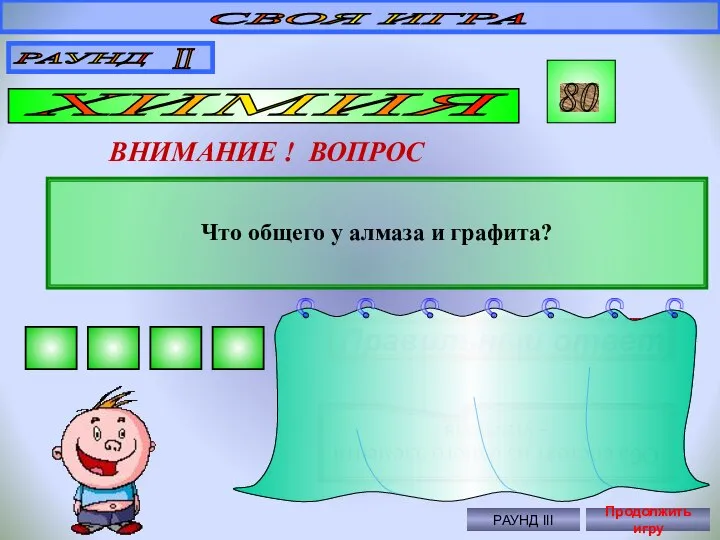 СВОЯ ИГРА РАУНД II ХИМИЯ 80 ВНИМАНИЕ ! ВОПРОС Что общего