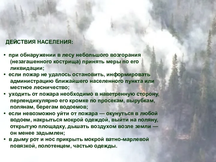 ДЕЙСТВИЯ НАСЕЛЕНИЯ: при обнаружении в лесу небольшого возгорания (незагашенного кострища) принять