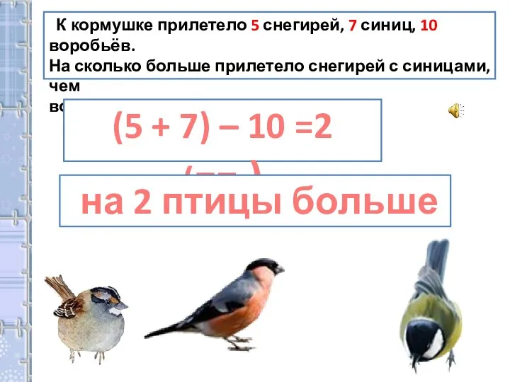 К кормушке прилетело 5 снегирей, 7 синиц, 10 воробьёв. На сколько