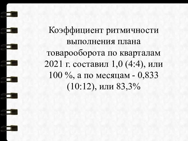 Коэффициент ритмичности выполнения плана товарооборота по кварталам 2021 г. составил 1,0