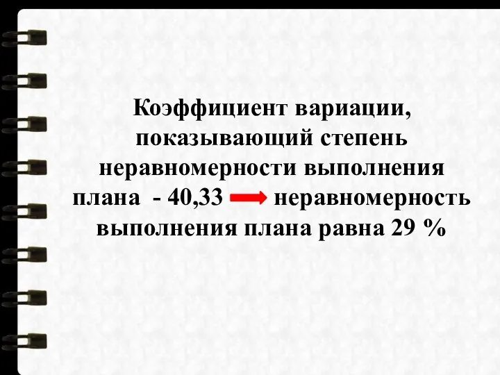 Коэффициент вариации, показывающий степень неравномерности выполнения плана - 40,33 неравномерность выполнения плана равна 29 %