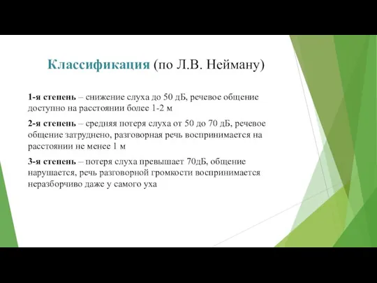 Классификация (по Л.В. Нейману) 1-я степень – снижение слуха до 50