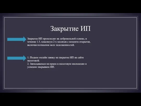 Закрытие ИП Закрытие ИП происходит на добровольной основе, в течение 1.5,