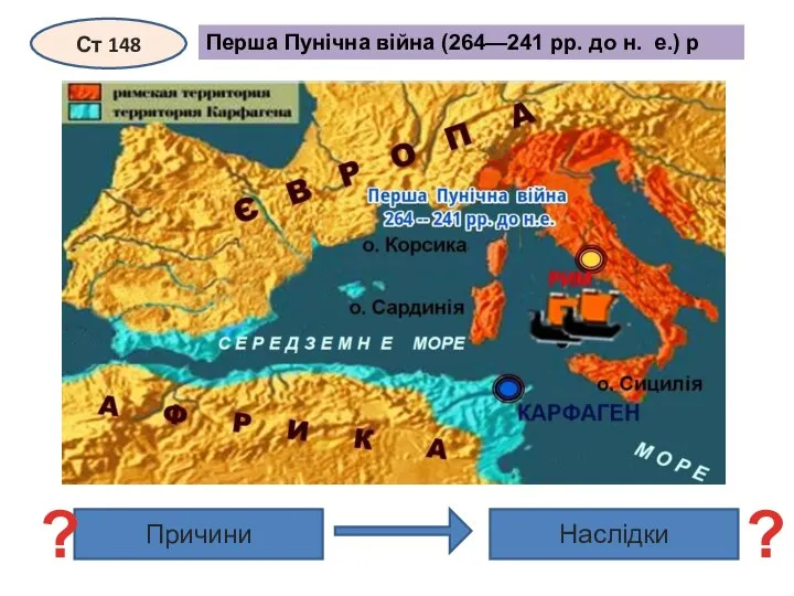 Перша Пунічна війна (264—241 рр. до н. е.) р Ст 148 Причини Наслідки ? ?