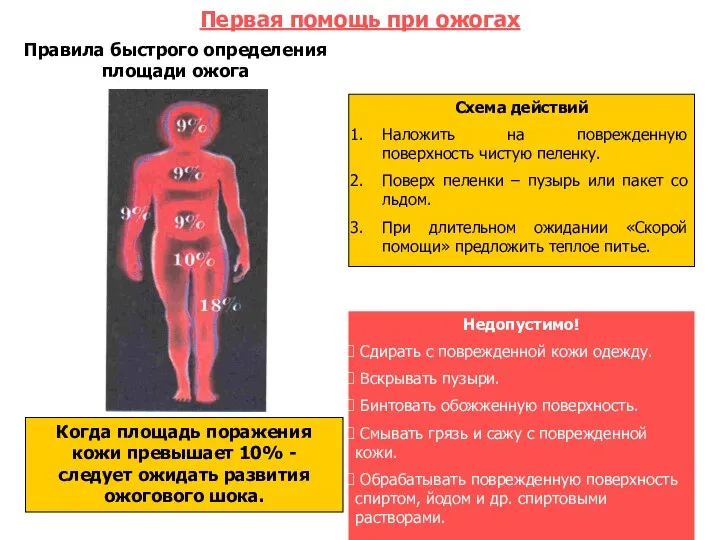 Первая помощь при ожогах Правила быстрого определения площади ожога Когда площадь