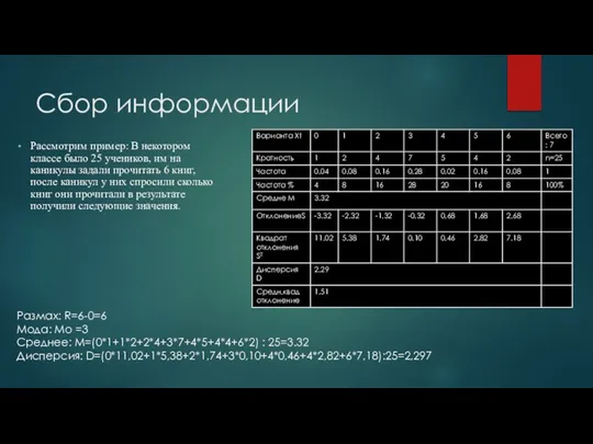 Сбор информации Рассмотрим пример: В некотором классе было 25 учеников, им