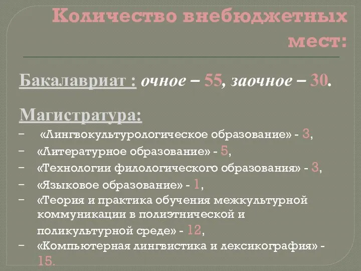 Количество внебюджетных мест: Бакалавриат : очное – 55, заочное – 30.