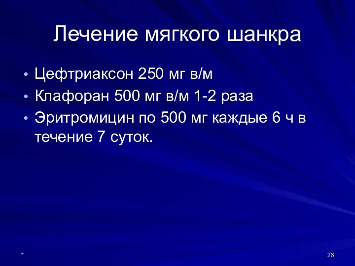 Лечение мягкого шанкра Цефтриаксон 250 мг в/м Клафоран 500 мг в/м