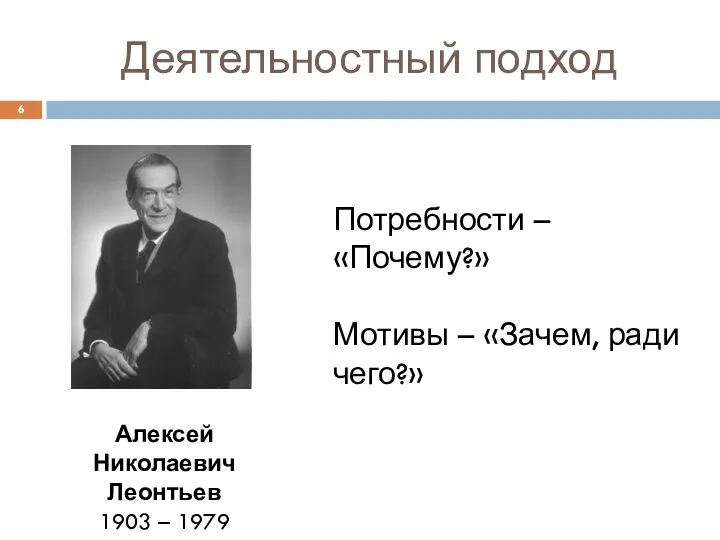 Деятельностный подход Потребности – «Почему?» Мотивы – «Зачем, ради чего?» Алексей Николаевич Леонтьев 1903 – 1979