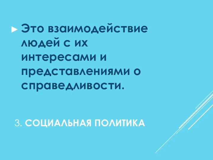 3. СОЦИАЛЬНАЯ ПОЛИТИКА Это взаимодействие людей с их интересами и представлениями о справедливости.