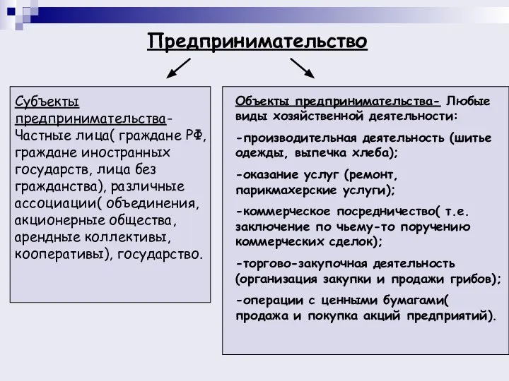 Предпринимательство Субъекты предпринимательства- Частные лица( граждане РФ, граждане иностранных государств, лица