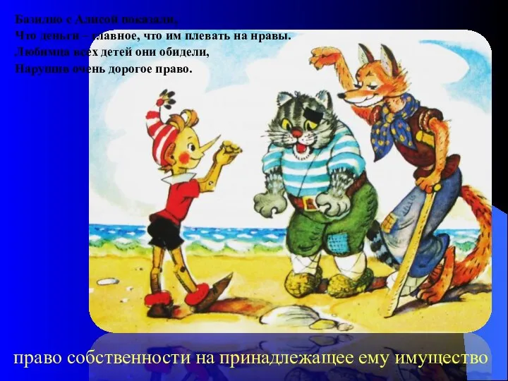 право собственности на принадлежащее ему имущество Базилио с Алисой показали, Что