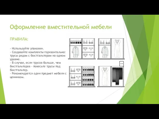 Оформление вместительной мебели ПРАВИЛА: - Используйте упаковки. - Создавайте комплекты горизонтально: