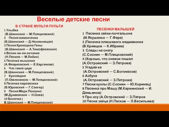 В СТРАНЕ МУЛЬТИ-ПУЛЬТИ 1 Улыбка (В.Шаинский — М.Пляцковский) Песня мамонтенка (В.Шаинский