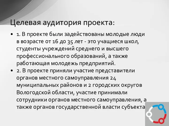 1. В проекте были задействованы молодые люди в возрасте от 16