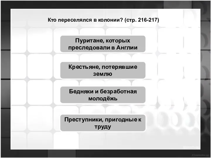 Кто переселялся в колонии? (стр. 216-217) Пуритане, которых преследовали в Англии