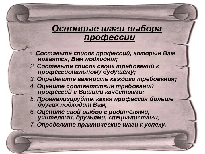 Основные шаги выбора профессии 1. Составьте список профессий, которые Вам нравятся,