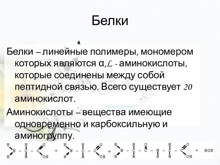 Белки Белки – линейные полимеры, мономером которых являются α,L - аминокислоты,