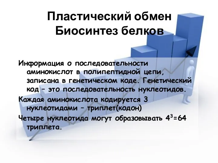 Пластический обмен Биосинтез белков Информация о последовательности аминокислот в полипептидной цепи,