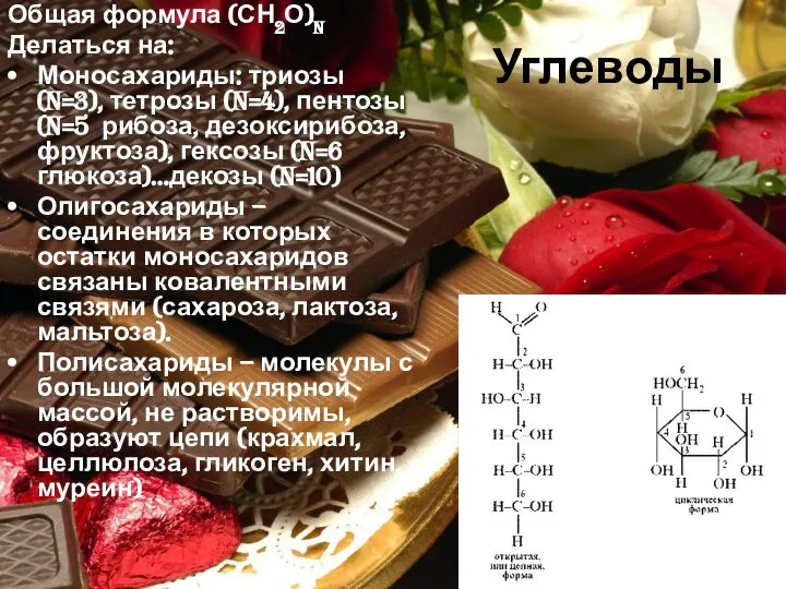 Углеводы Общая формула (СН2О)n Делаться на: Моносахариды: триозы (n=3), тетрозы (n=4),