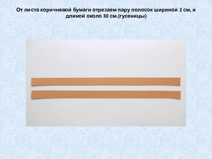 От листа коричневой бумаги отрезаем пару полосок шириной 2 см, и длиной около 30 см.(гусеницы)