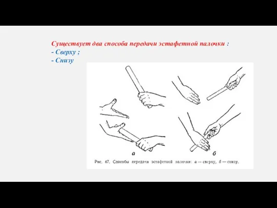 Существует два способа передачи эстафетной палочки : - Сверху ; - Снизу