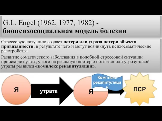 G.L. Engel (1962, 1977, 1982) -биопсихосоциальная модель болезни Стрессовую ситуацию создает