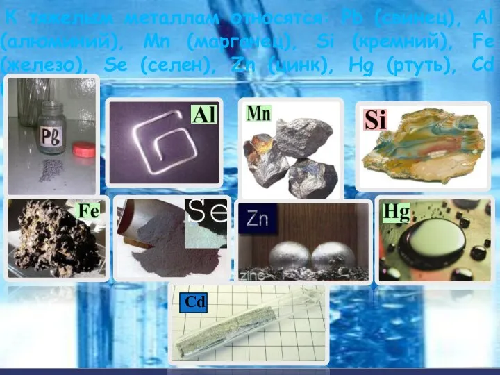 К тяжелым металлам относятся: Pb (свинец), Al (алюминий), Mn (марганец), Si