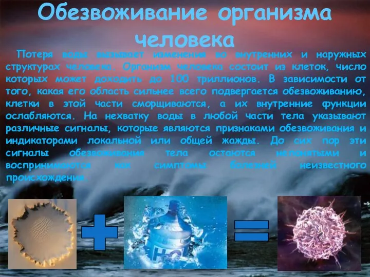 Обезвоживание организма человека Потеря воды вызывает изменения во внутренних и наружных