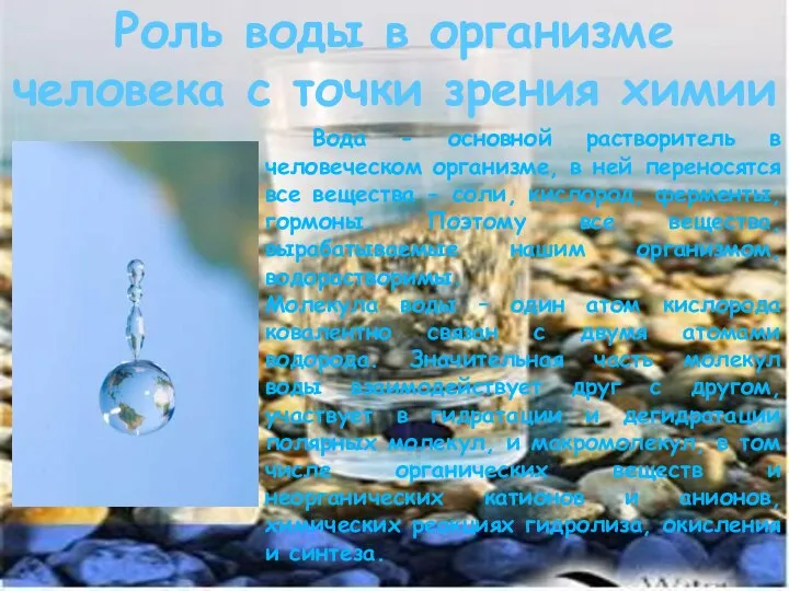 Роль воды в организме человека с точки зрения химии Вода -